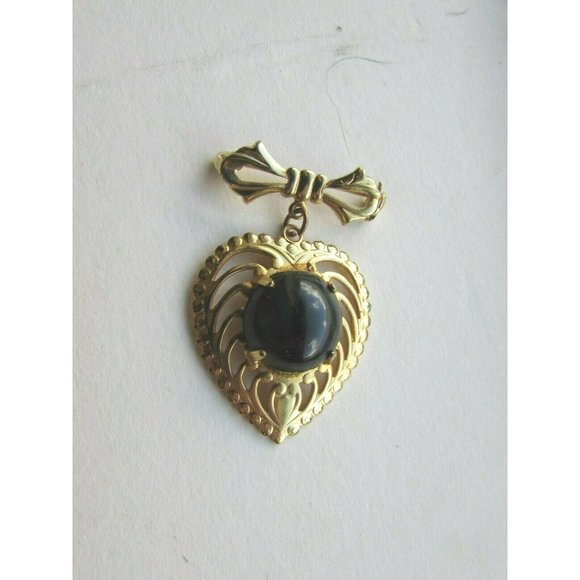 Vintage Gold Tone Heart Brooch Pin Cabochon Black Goldtone 52962 - Picture 4 of 5